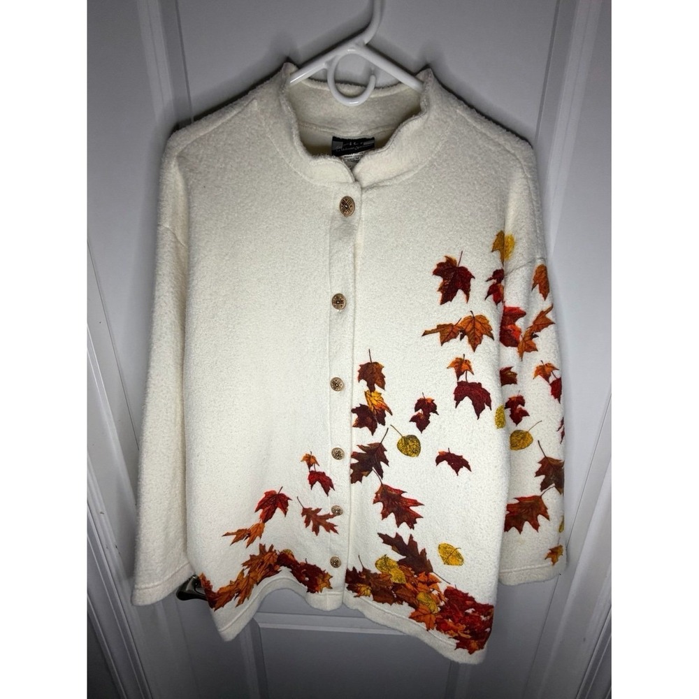 Vintage 90's Art Unlimited Autumn Fall Leaves AOP Cardigan Sweater Womens Large